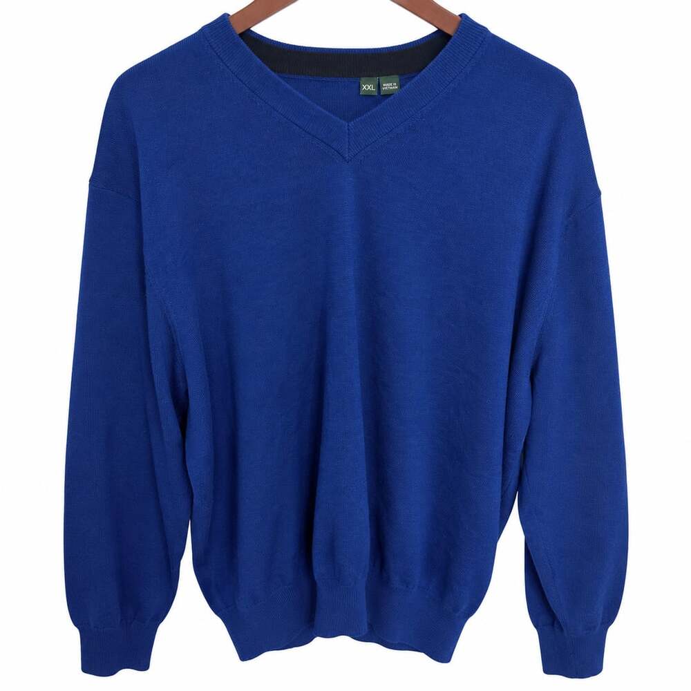 Orvis Men’s XXL Merino Wool V-Neck Sweater Blue Fly Fishing Lure Embroidered